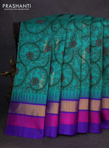 Silk cotton saree teal green and violet with allover kalamkari prints and temple design zari woven simple border