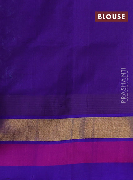 Silk cotton saree teal green and violet with allover kalamkari prints and temple design zari woven simple border