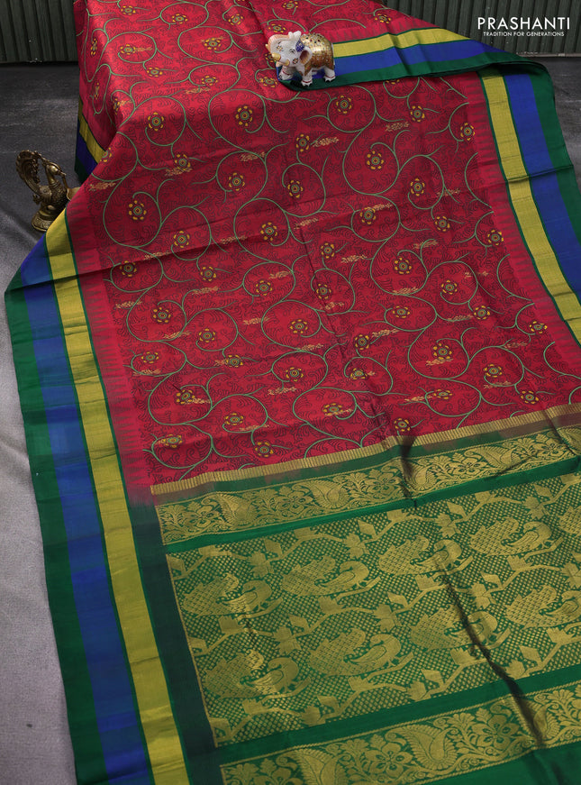Silk cotton saree red and dark green with allover kalamkari prints and temple design zari woven simple border