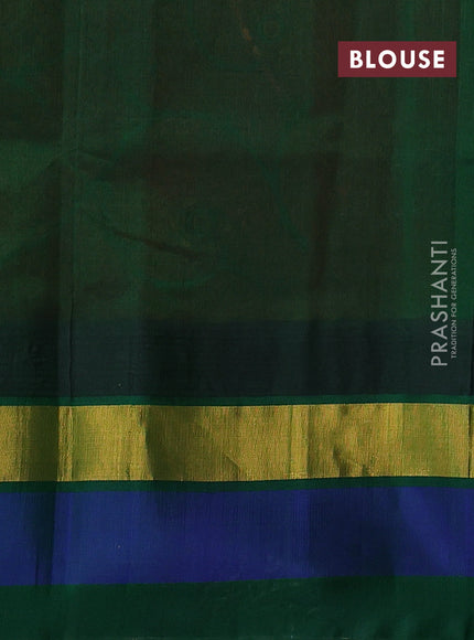 Silk cotton saree red and dark green with allover kalamkari prints and temple design zari woven simple border