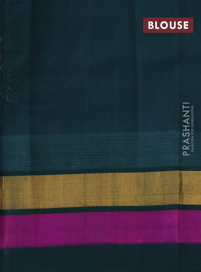 Silk cotton saree pale orange and dark green with allover kalamkari prints and temple design zari woven simple border