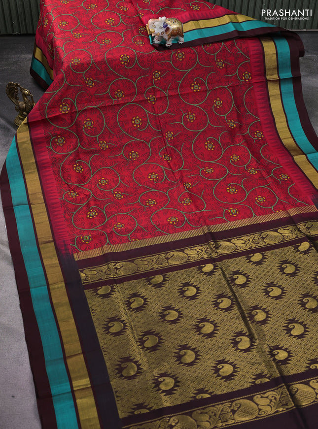 Silk cotton saree red and coffe brown with allover kalamkari prints and temple design zari woven simple border