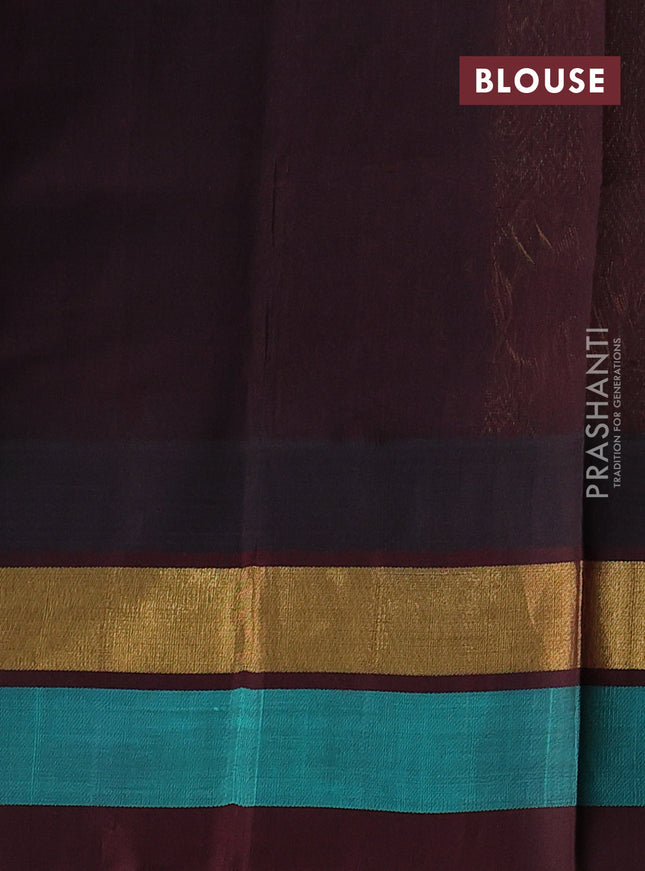 Silk cotton saree red and coffe brown with allover kalamkari prints and temple design zari woven simple border