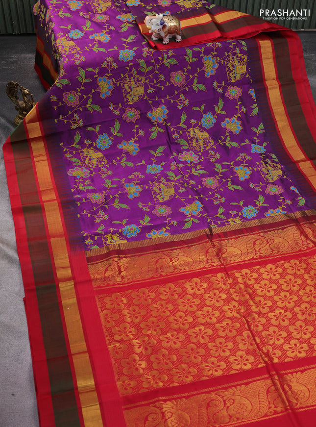 Silk cotton saree purple and red with allover kalamkari prints and temple design zari woven simple border