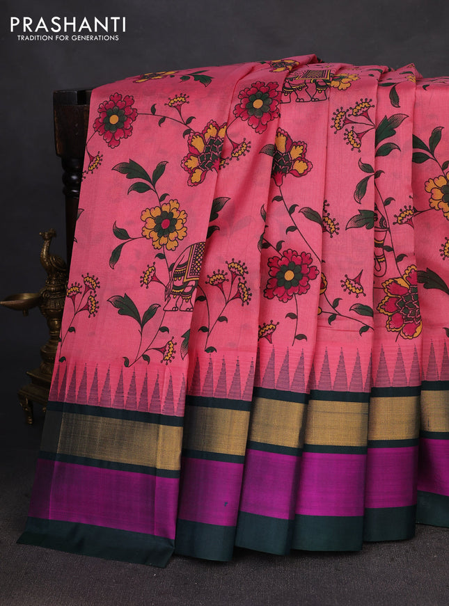 Silk cotton saree peach pink and dark green with allover kalamkari prints and temple design zari woven simple border