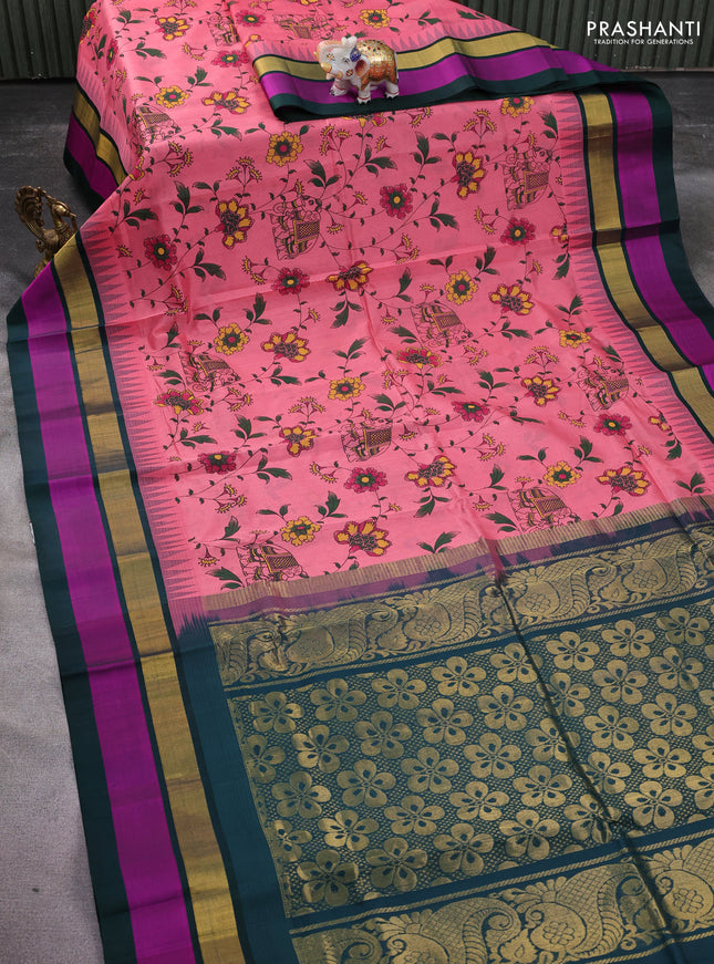Silk cotton saree peach pink and dark green with allover kalamkari prints and temple design zari woven simple border
