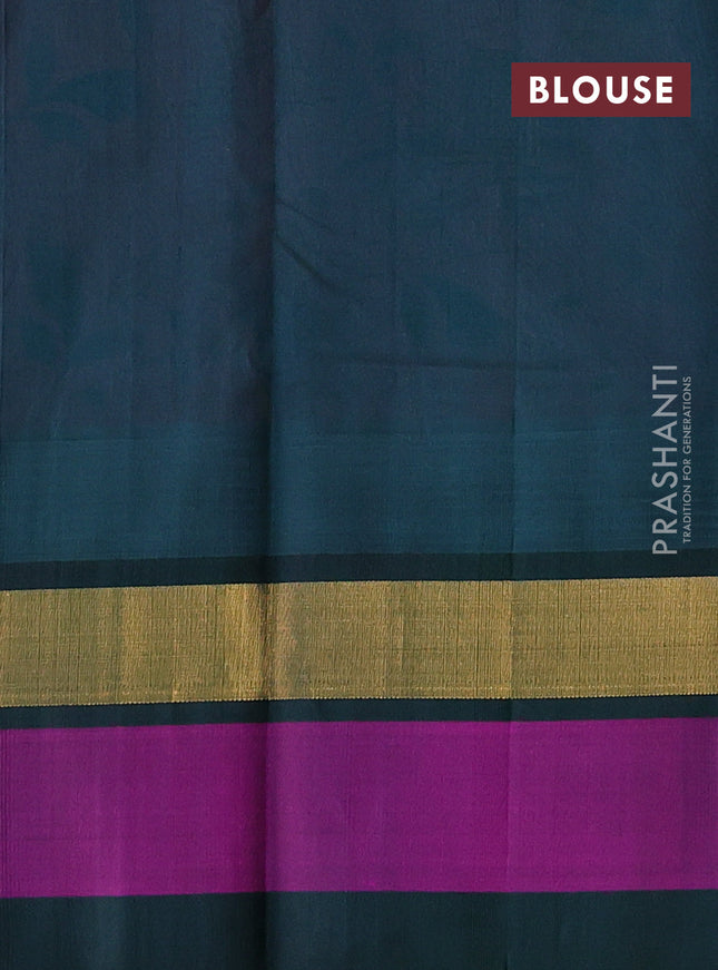 Silk cotton saree peach pink and dark green with allover kalamkari prints and temple design zari woven simple border