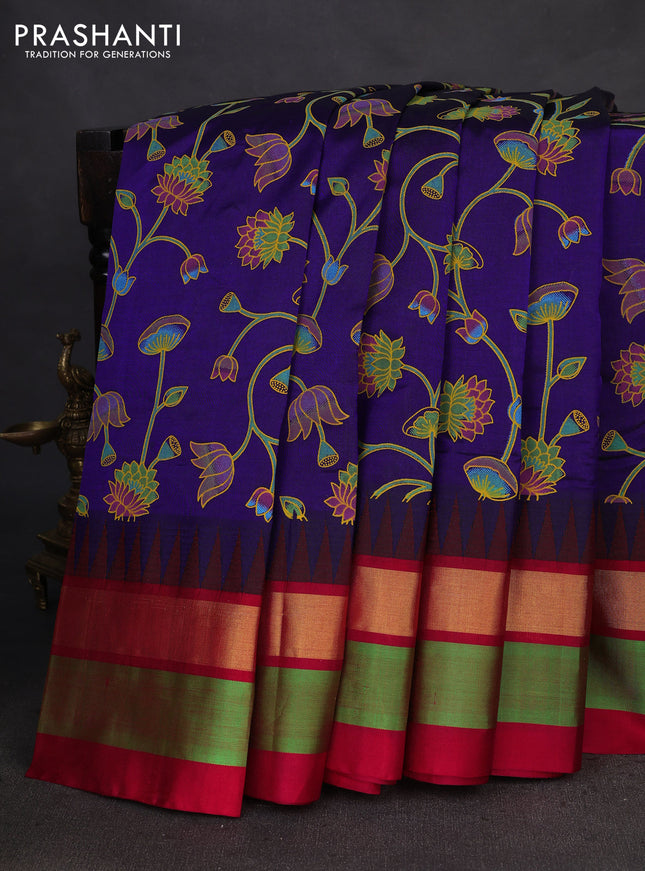 Silk cotton saree blue and red with allover pichwai prints and temple design zari woven simple border