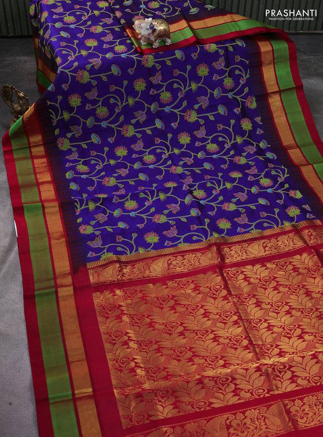 Silk cotton saree blue and red with allover pichwai prints and temple design zari woven simple border