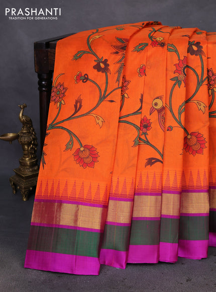 Silk cotton saree orange and purple with allover kalamkari prints and temple design zari woven simple border