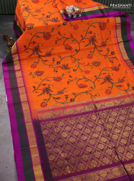 Silk cotton saree orange and purple with allover kalamkari prints and temple design zari woven simple border