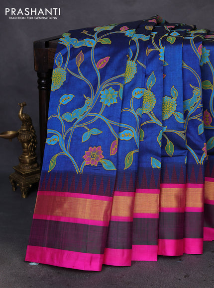 Silk cotton saree peacock blue and pink with allover kalamkari prints and temple design zari woven simple border