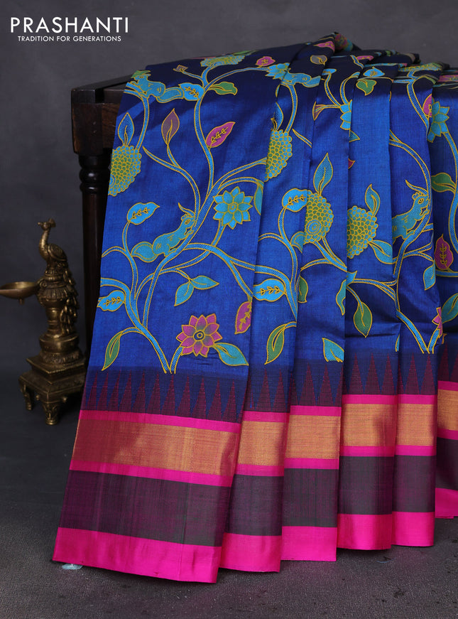 Silk cotton saree peacock blue and pink with allover kalamkari prints and temple design zari woven simple border