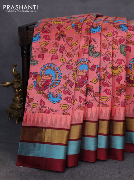 Silk cotton saree peach shade and maroon with allover kalamkari prints and temple design zari woven simple border