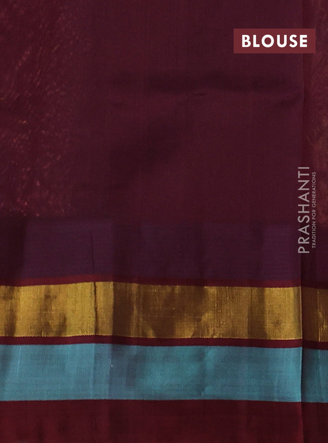 Silk cotton saree peach shade and maroon with allover kalamkari prints and temple design zari woven simple border