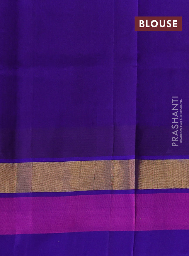 Silk cotton saree teal green and violet with allover kalamkari prints and temple design zari woven simple border
