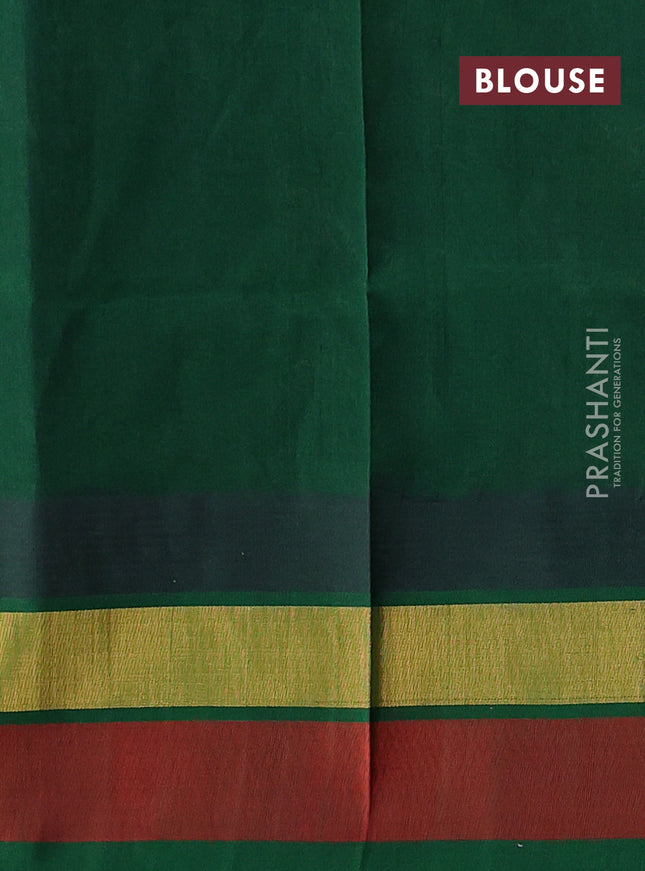 Silk cotton saree cream and green with allover kalamkari prints and temple design zari woven simple border