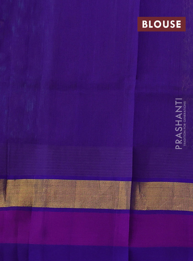 Silk cotton saree teal green and blue with allover kalamkari prints and temple design zari woven simple border