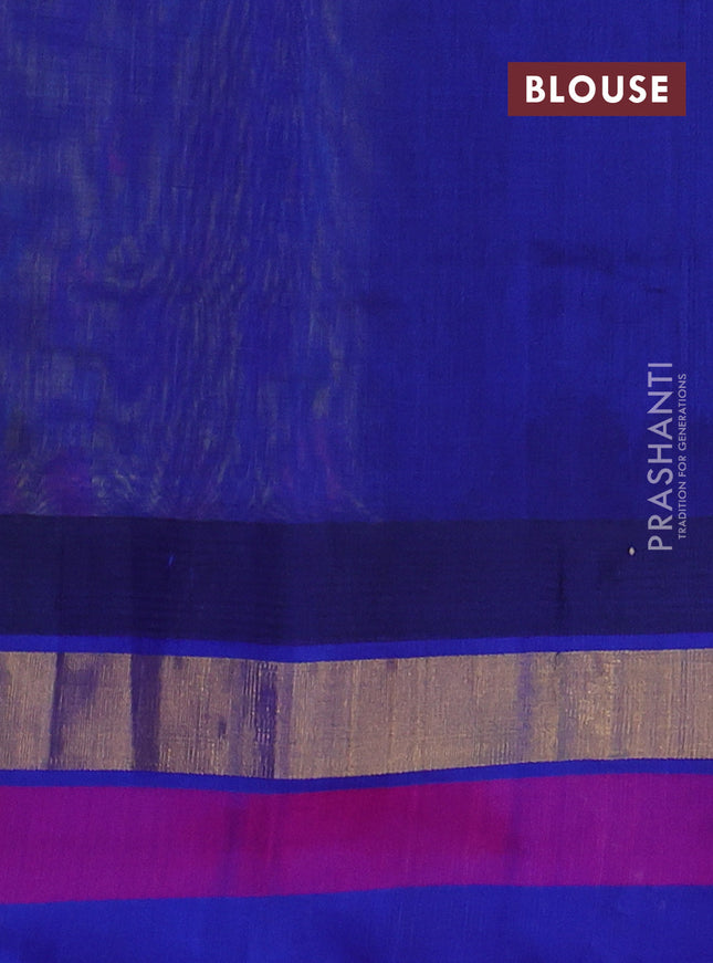 Silk cotton saree light green and blue with allover kalamkari prints and temple design zari woven simple border