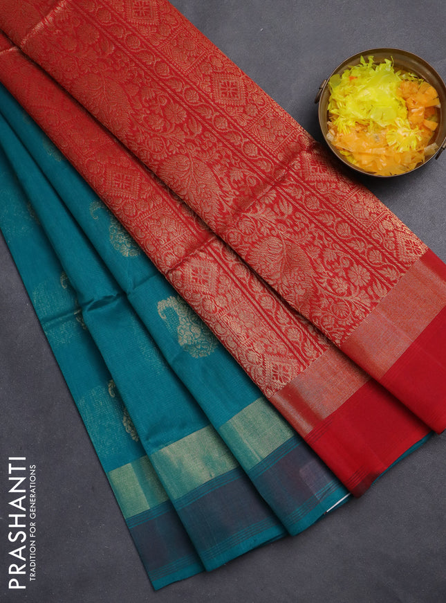 Kora silk cotton saree teal green and red with zari woven buttas and zari woven border