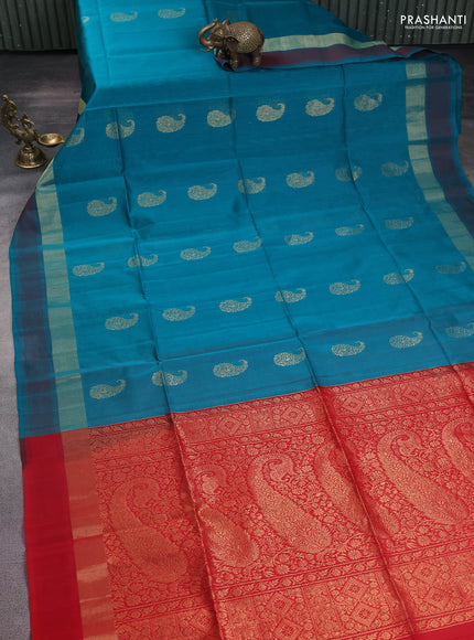 Kora silk cotton saree teal green and red with zari woven buttas and zari woven border