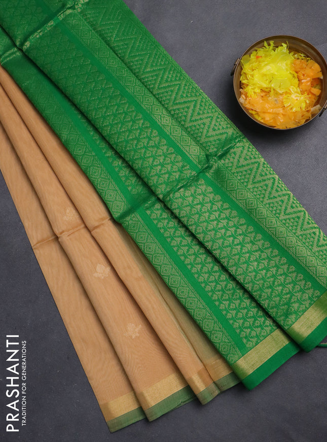 Kora silk cotton saree sandal and green with zari woven buttas and zari woven border