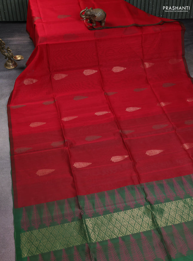 Kora silk cotton saree red and green with thread & zari woven buttas and piping border