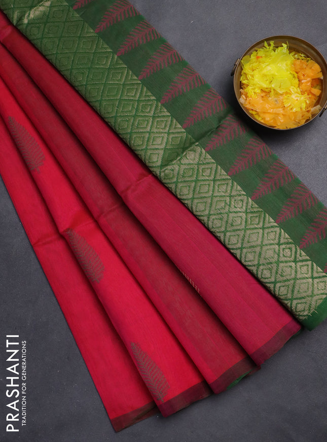 Kora silk cotton saree pink and sap green with thread & zari woven buttas and piping border