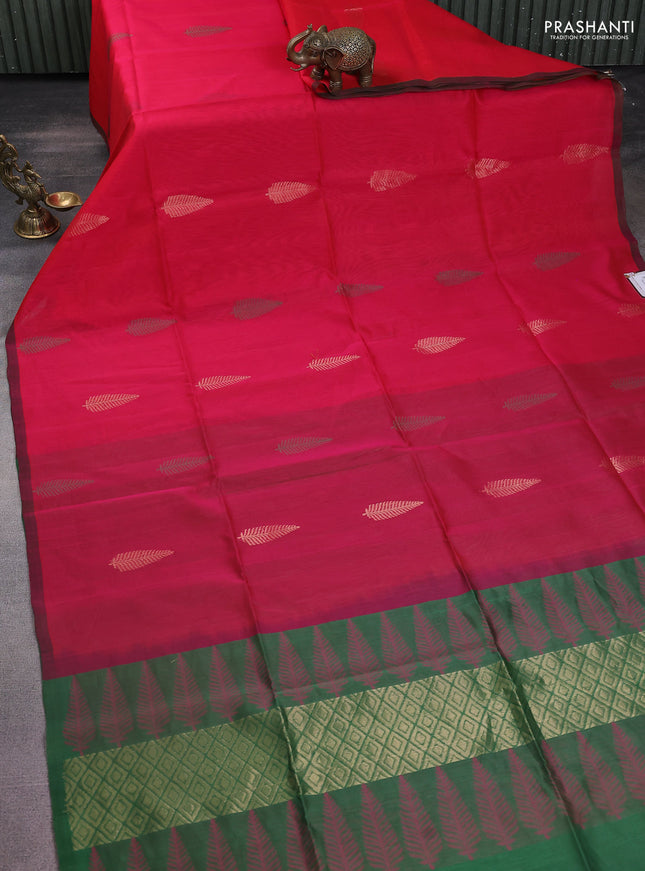 Kora silk cotton saree pink and sap green with thread & zari woven buttas and piping border