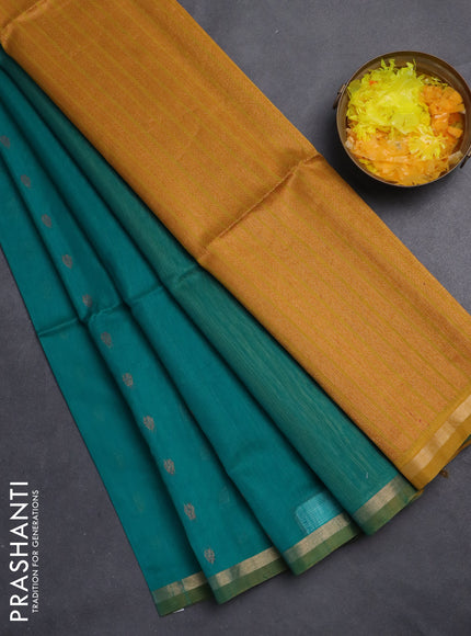 Kora silk cotton saree teal green and mustard yellow with thread & zari woven buttas and zari woven piping border