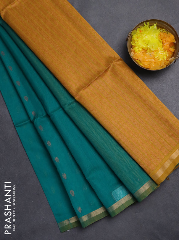 Kora silk cotton saree teal green and mustard yellow with thread & zari woven buttas and zari woven piping border