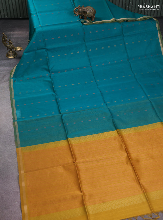 Kora silk cotton saree teal green and mustard yellow with thread & zari woven buttas and zari woven piping border