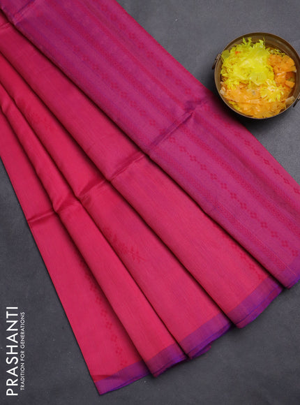 Kora silk cotton saree pink and purple with allover thread weaves and piping border