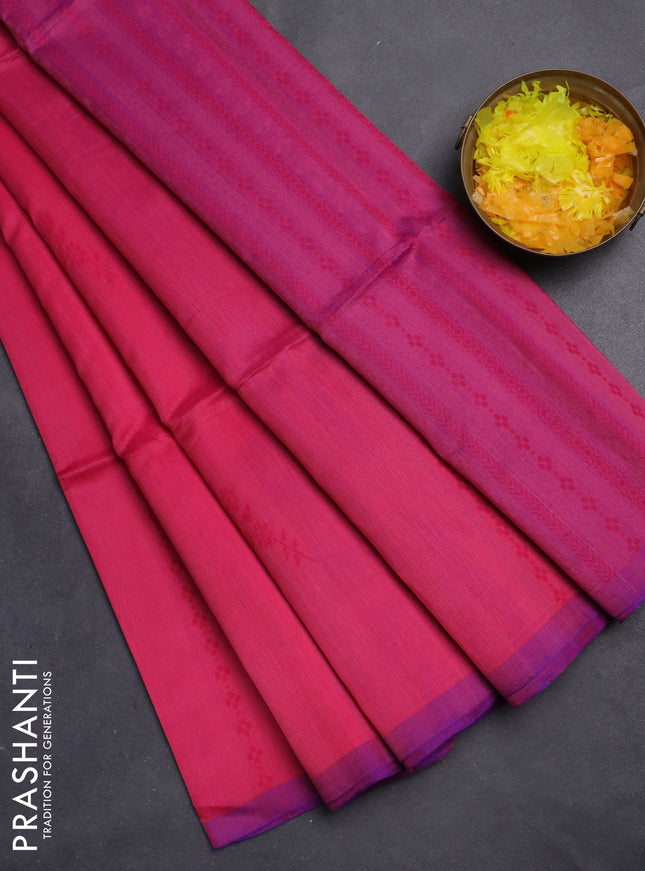 Kora silk cotton saree pink and purple with allover thread weaves and piping border