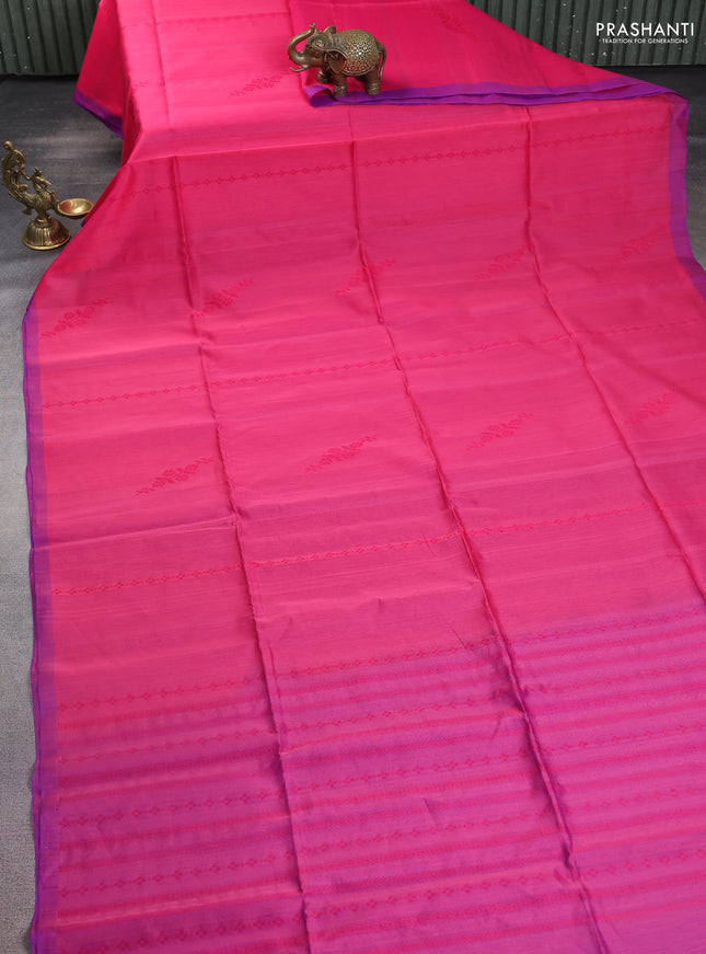 Kora silk cotton saree pink and purple with allover thread weaves and piping border