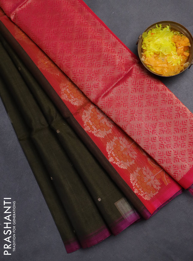Kora silk cotton saree sap green and pink with zari woven buttas and piping border
