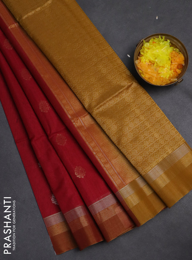 Kora silk cotton saree maroon and dark mustard with silver & gold zari woven buttas and zari woven simple border