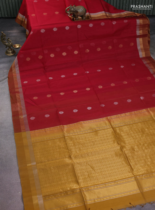 Kora silk cotton saree maroon and dark mustard with silver & gold zari woven buttas and zari woven simple border