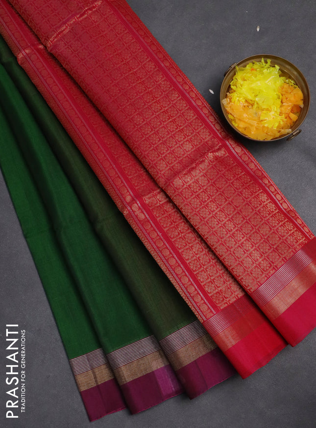 Kora silk cotton saree green and pink with silver & gold zari woven buttas and zari woven simple border