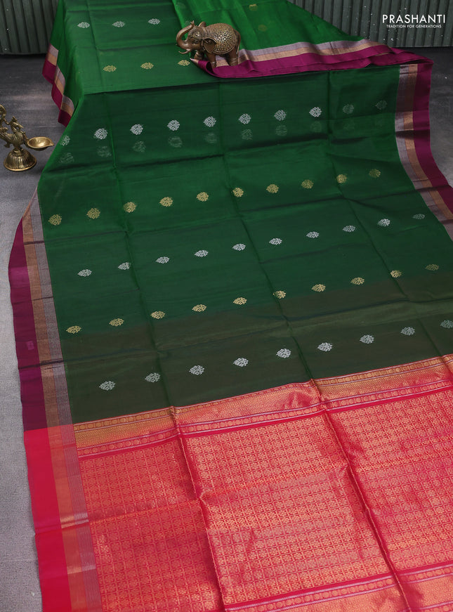 Kora silk cotton saree green and pink with silver & gold zari woven buttas and zari woven simple border