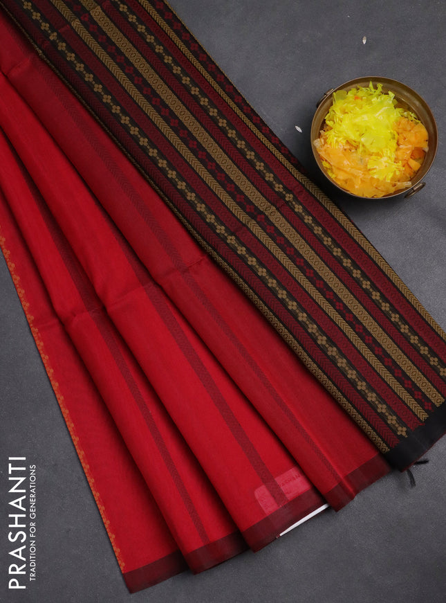 Kora silk cotton saree red and maroon with allover thread weaves and piping border