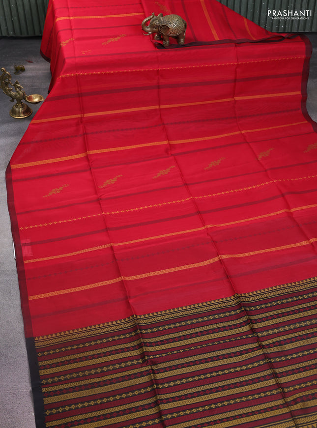 Kora silk cotton saree red and maroon with allover thread weaves and piping border