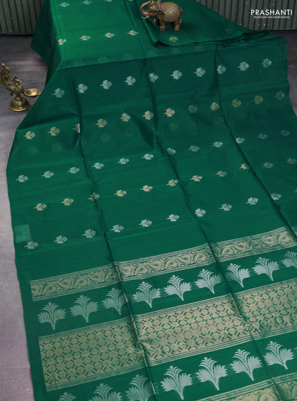 Kora silk cotton saree green with silver & gold zari woven buttas in borderless style