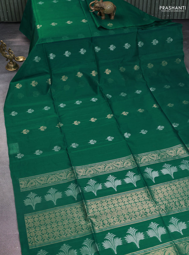 Kora silk cotton saree green with silver & gold zari woven buttas in borderless style
