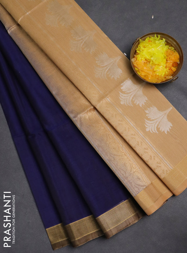 Kora silk cotton saree blue and sandal with silver & gold zari woven buttas and zari woven border