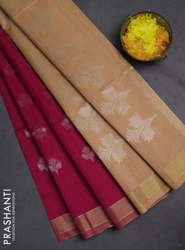 Kora silk cotton saree dark pink and sandal with silver & gold zari woven buttas and zari woven border