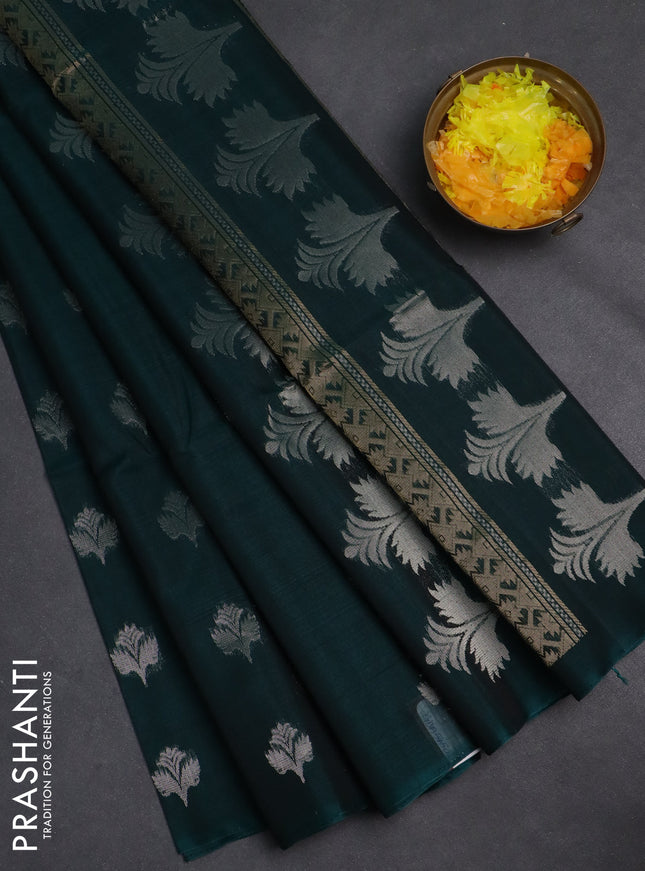 Kora silk cotton saree peacock green with silver & gold zari woven buttas in borderless style