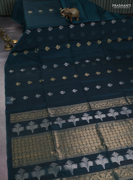 Kora silk cotton saree peacock green with silver & gold zari woven buttas in borderless style