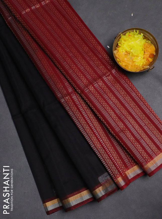 Kora silk cotton saree black and maroon with silver & gold zari woven buttas and zari woven border