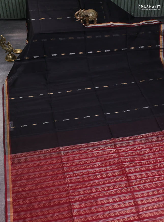 Kora silk cotton saree black and maroon with silver & gold zari woven buttas and zari woven border